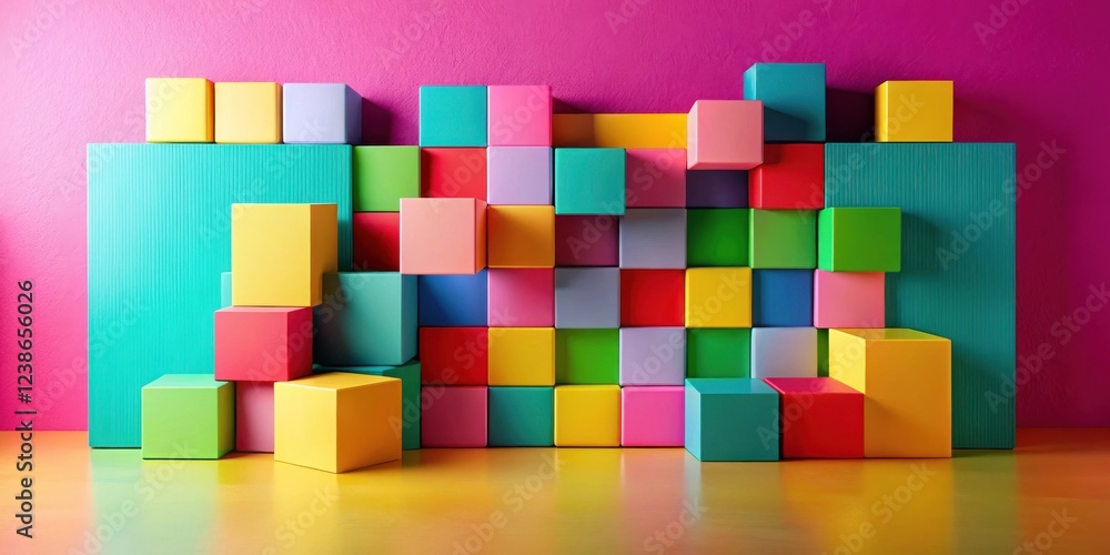Poster vibrant colorful cubes arranged in a playful and abstract composition on a shiny surface