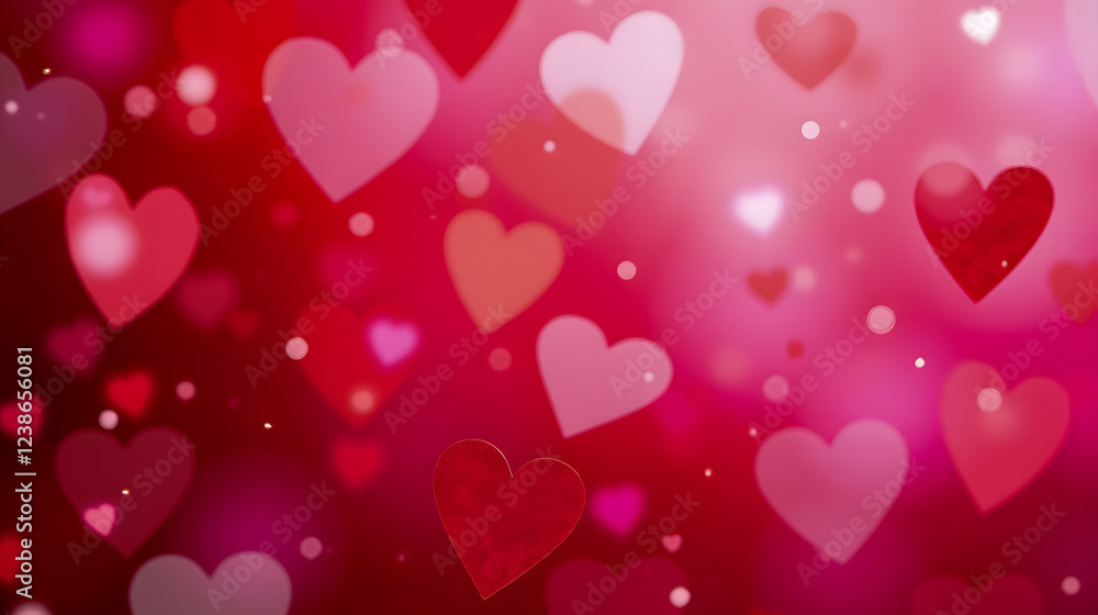 Poster romantic background with floating hearts in various shades of red and pink with soft bokeh lights fo