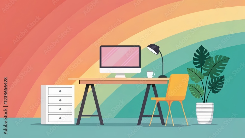 Poster gradient modern background, colorful workspace with plants and a computer setup