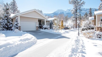 Snowy mountain neighborhood driveway winter scene