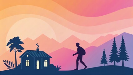 gradient modern background, Silhouette of a hiker near a cozy cabin at sunset