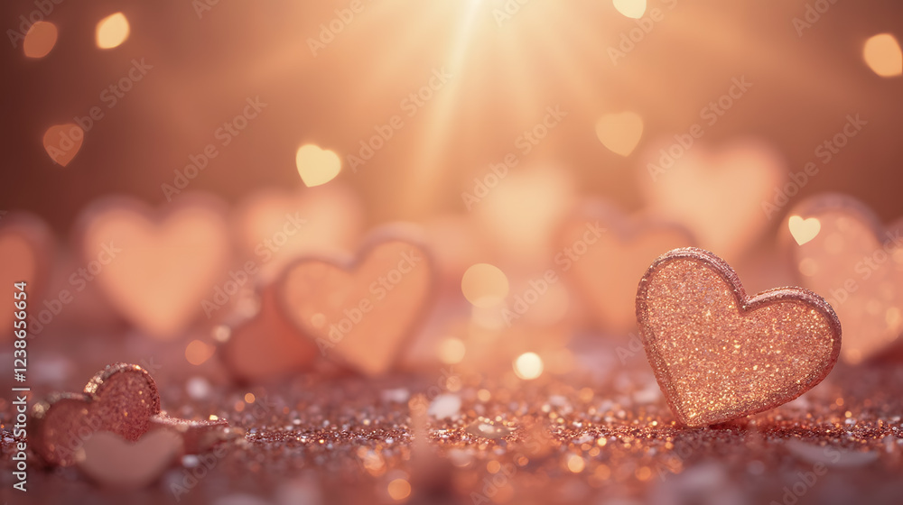 Poster sparkling glitter hearts on soft background with gentle bokeh effects in romantic atmosphere for lov