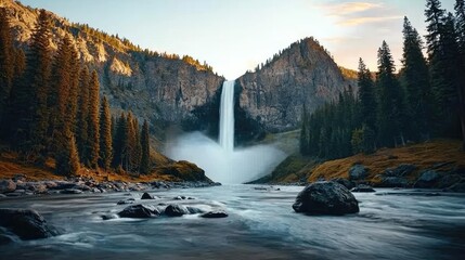 Waterfall scenes nature idea. Stunning waterfall cascading through mountains surrounded by lush greenery.