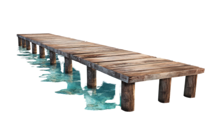 Wooden pier on transparent background extending over crystal clear turquoise water