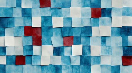 Abstract mosaic pattern with blue, red, and white square tiles creating a vibrant artistic background. Ideal for design projects needing a modern and colorful texture.