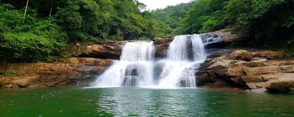 Fototapeta premium Waterfall scenes nature idea. A tranquil waterfall cascading into a serene pool surrounded by lush greenery.