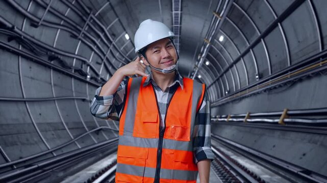 Asian Male Engineer With Safety Helmet Smiling To Camera And Making Call Me Gesture While Standing In Underground Subway Tunnel