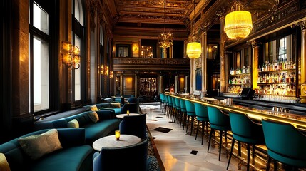 Luxurious hotel lobby bar with elegant seating, golden lighting, sophisticated cocktails, and upscale atmosphere