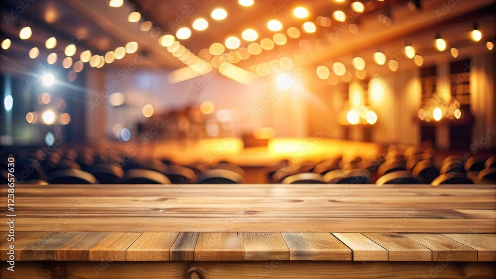 Poster empty wooden table in front of a blurred auditorium with warm lighting