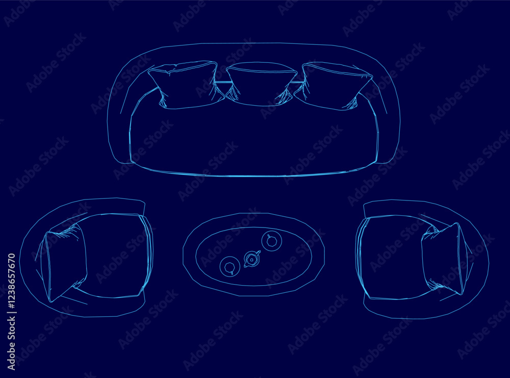 Poster a blue image of a sofa set with pillows and a vase. the sofa set is made up of four chairs and a cou