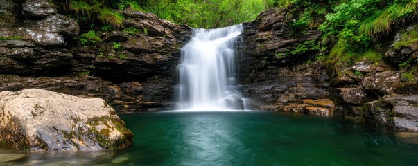 Fototapeta premium Waterfall scenes nature idea. A serene waterfall cascades into a tranquil pool surrounded by lush greenery.