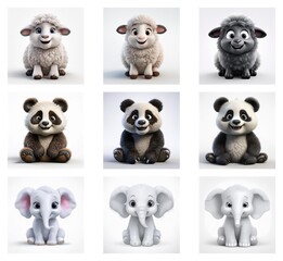 Adorable 3D renderings of lambs, pandas, and elephants in various shades.  Each animal sits, showcasing cute expressions.  Perfect for children's products or designs.