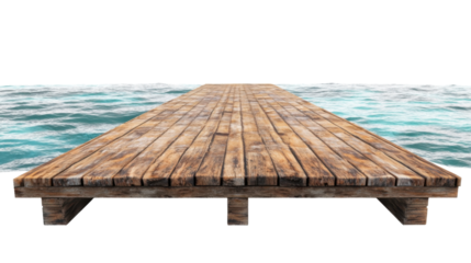 Wooden pier extending into the ocean on transparent background