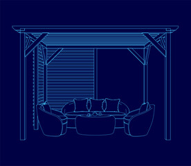 A blue drawing of a patio with a large umbrella and several chairs. The chairs are arranged in a circle around a table, and there is a fire pit in the center. Scene is cozy and inviting