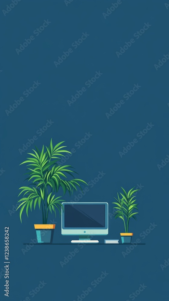 Aufkleber a minimalistic workspace showcases two potted plants and a sleek computer on a desk, creating a tran