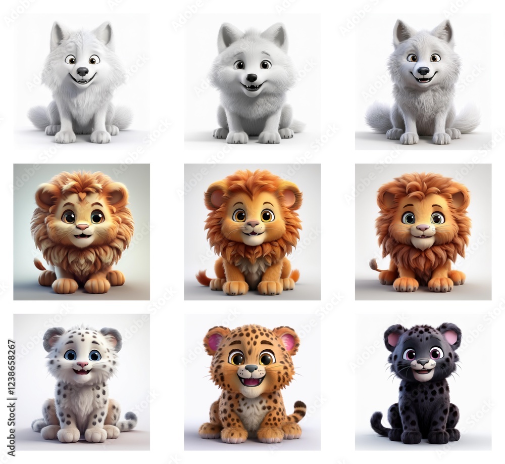 Poster nine adorable cartoon animal cubs in various stages of 3d modeling. each cub is shown in grayscale, 