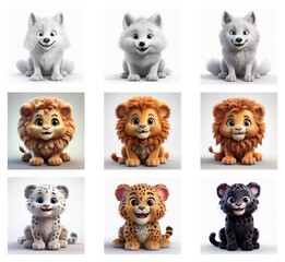 Nine adorable cartoon animal cubs in various stages of 3D modeling.  Each cub is shown in grayscale, base color, and final render, showcasing the digital art process.