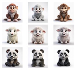 Obraz premium Nine adorable 3D rendered baby animals: monkeys and lambs in various shades, and pandas. Each sits against a simple white background. They have cheerful expressions.
