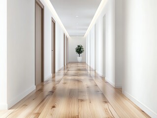 Obraz premium Minimalist hallway with white walls, natural wood flooring, sleek lighting, open and uncluttered passageway, serene ambiance