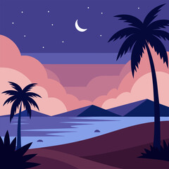Vector evening on the beach with a beautiful of palm trees.