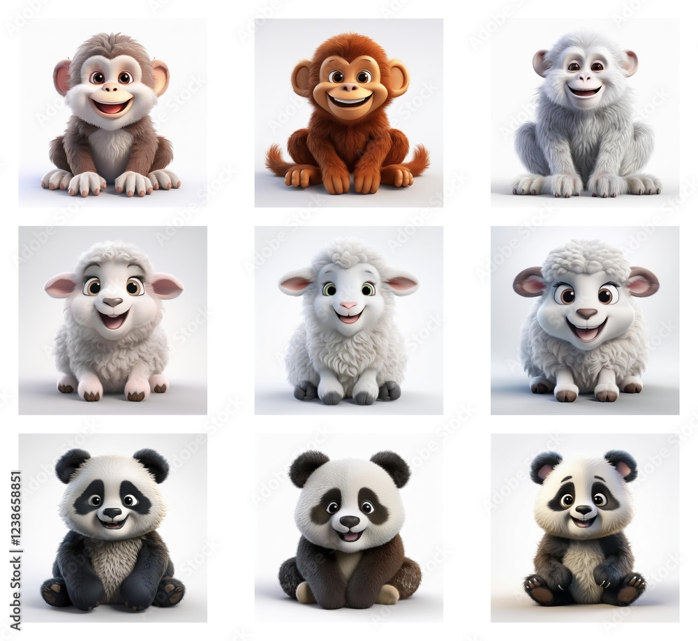 Poster adorable 3d renderings of baby monkeys, lambs, and pandas. each animal is depicted in three differen
