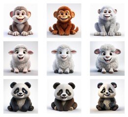 Adorable 3D renderings of baby monkeys, lambs, and pandas.  Each animal is depicted in three different color variations, sitting and smiling.  The images are clean, bright and charming.