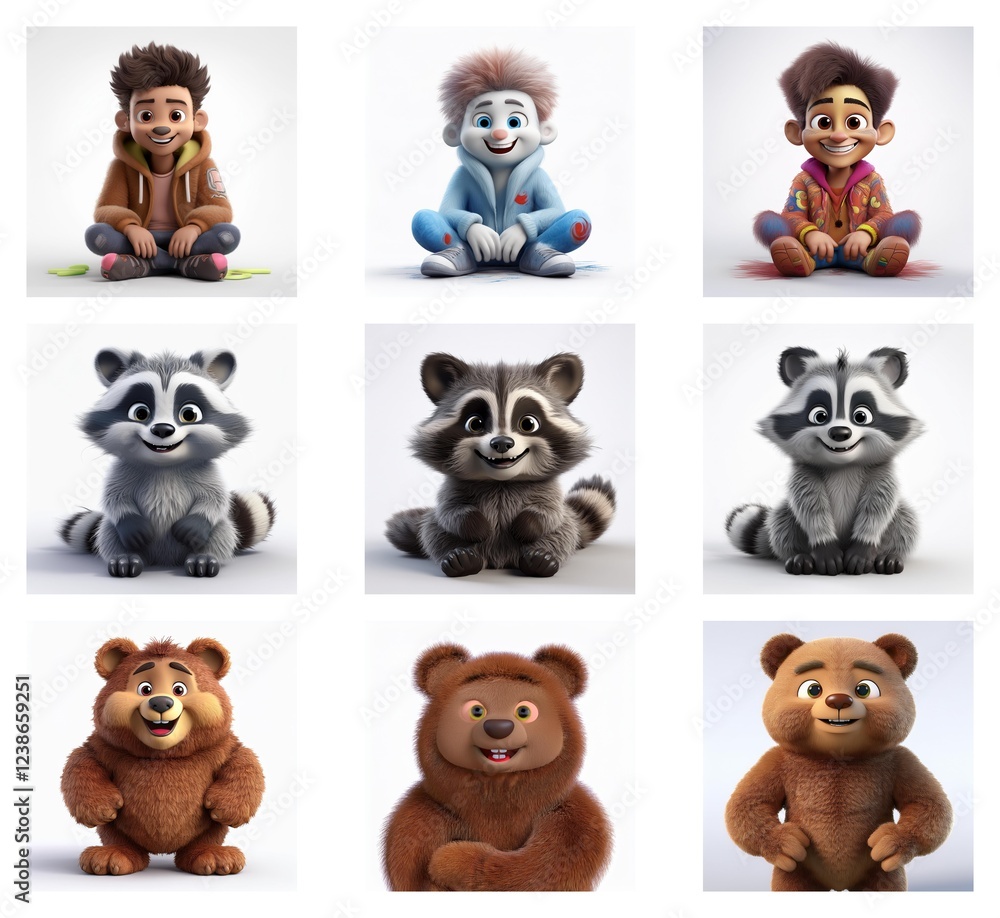 Poster a grid showcasing charming 3d renderings of cartoon boys and animals. adorable characters sit agains