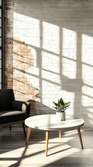 Minimalist loft space, exposed brick and simple decor, 3D illustration