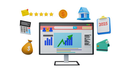 Financial Growth and Digital Success in 2025 Online Business, E-Commerce, Banking, Marketing, Investment, Customer Engagement, and Data Analytics Strategy in 3D transparent