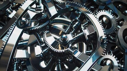 Intricate clockwork mechanism is rotating, showcasing the complex interplay of gears, cogs, and other mechanical components, creating a visually captivating display of engineering and precision