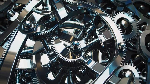 Intricate clockwork mechanism is rotating, showcasing the complex interplay of gears, cogs, and other mechanical components, creating a visually captivating display of engineering and precision