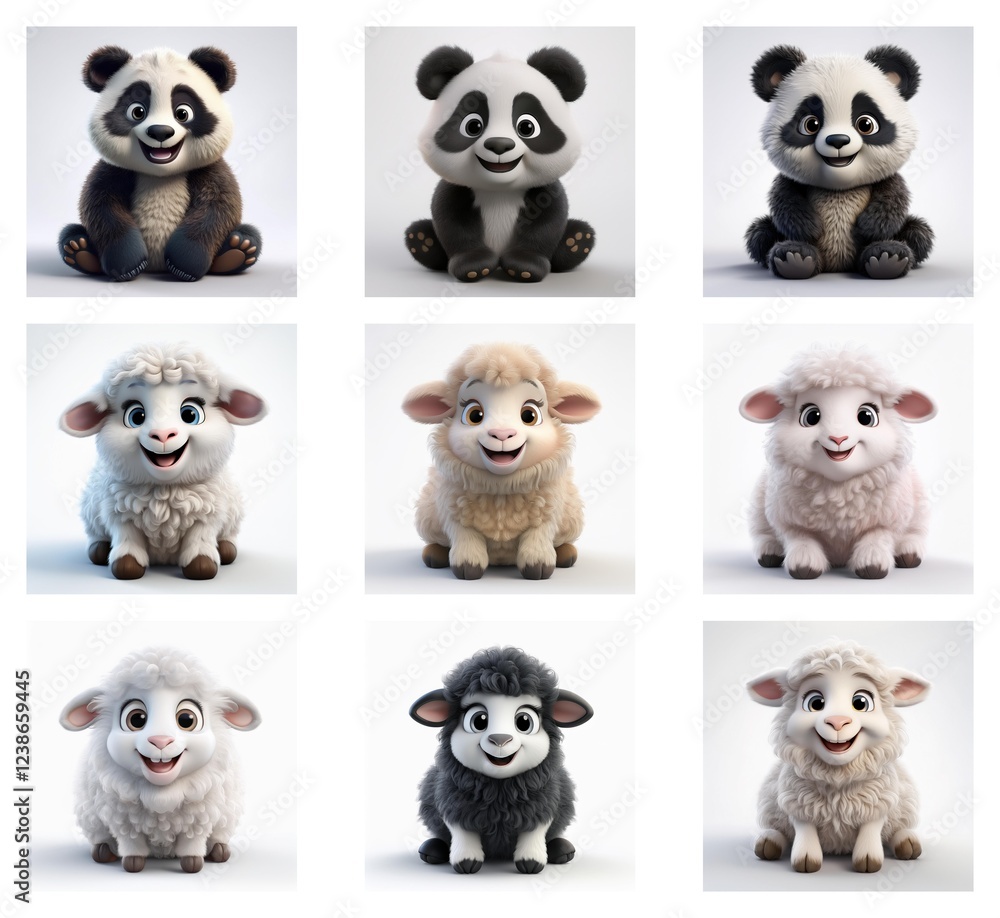 Poster Adorable 3D renderings of pandas and lambs, showcasing variations in fur color and pose.  Each animal sits against a simple white background.