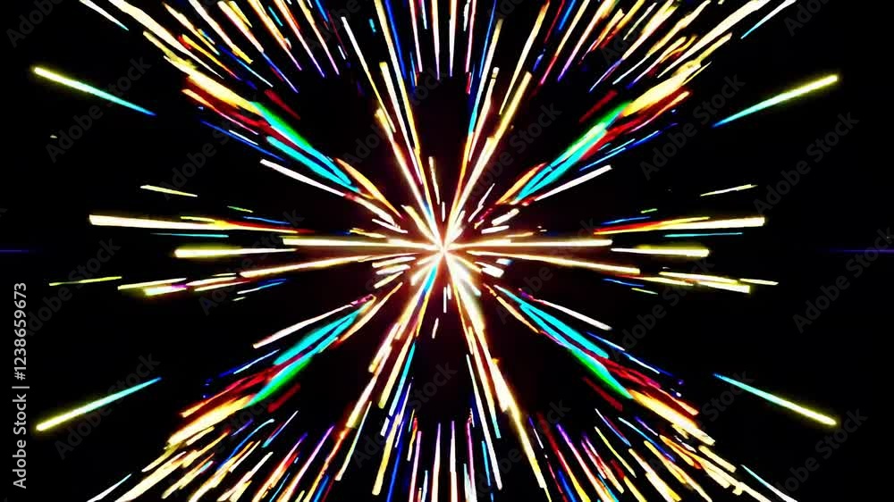 Poster vibrant multicolored light streaks radiating from a central point create a mesmerizing warp speed ef