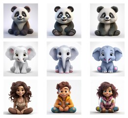 Obraz premium Adorable cartoon animals and children sit in a grid. Pandas, elephants, and diverse kids are featured in a cute, 3D style.