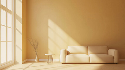A minimalist living room bathed in warm, natural light, featuring a comfortable sofa and a calming, neutral color palette