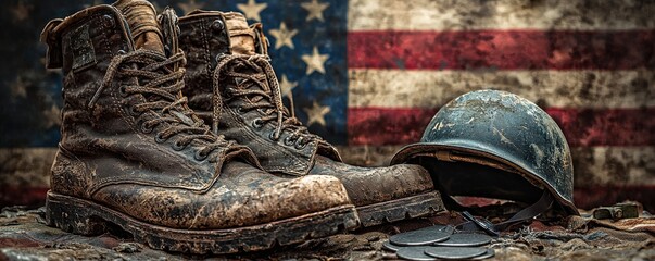 Obraz premium Vintage military objects against an aged American flag background