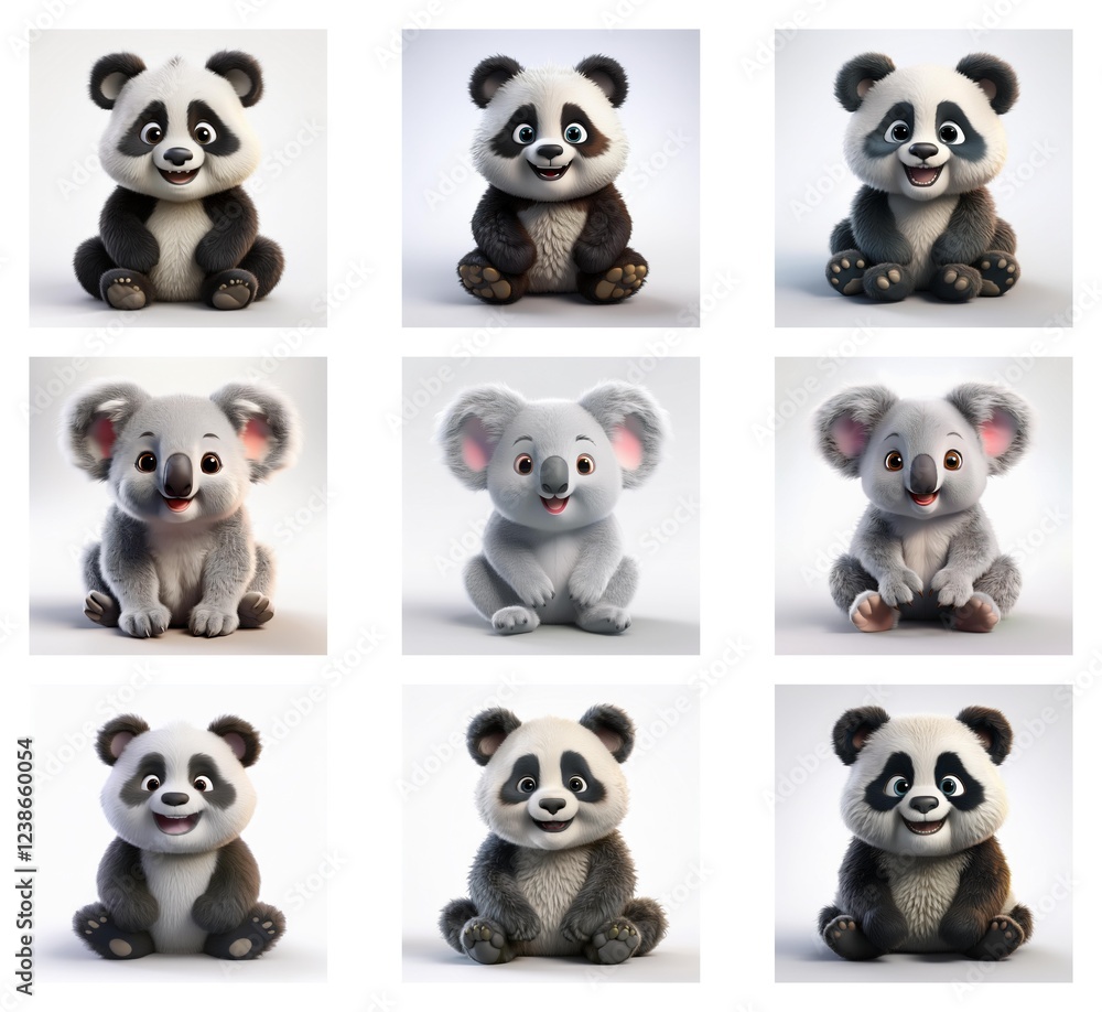 Poster nine adorable 3d renderings of pandas and koalas. each animal sits, showcasing variations in pose an