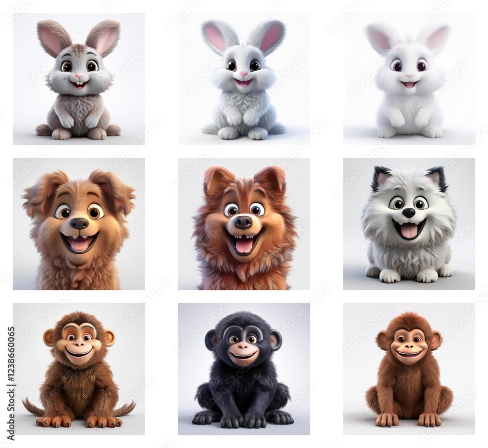 Poster Adorable 3D renderings of bunnies and monkeys sitting against a plain white background.  Each animal is shown in different color variations.  Delightful and charming characters perfect for children's 