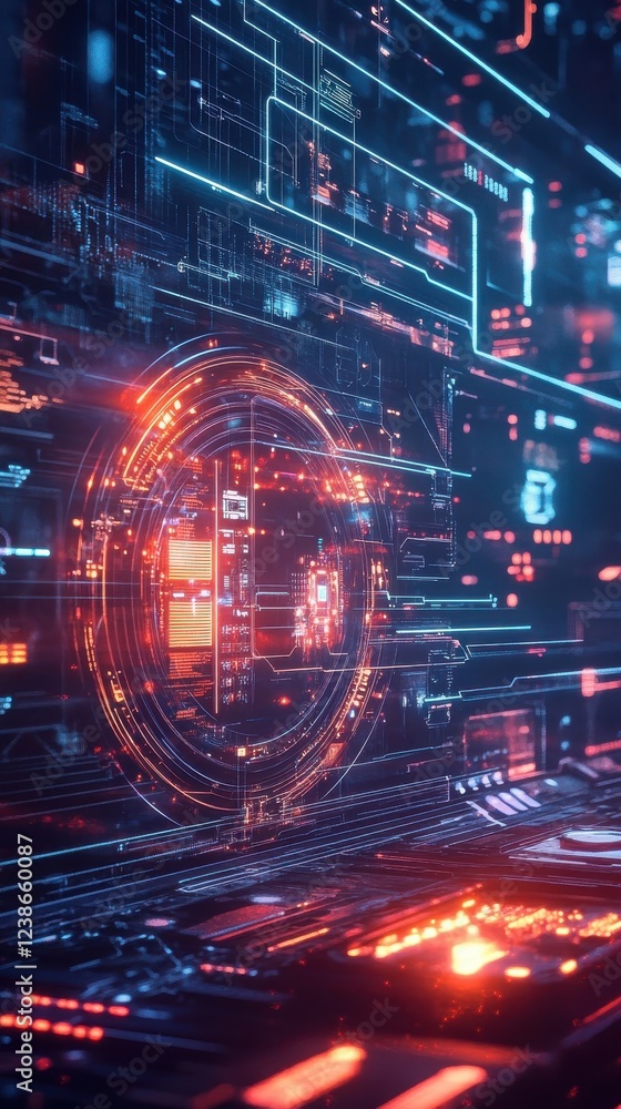 Poster futuristic digital interface showing circuitry and data flow