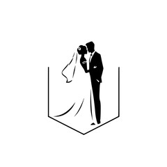Elegant Wedding Couple Silhouette: Minimalist Black and White Romantic Design. Perfect for invitations, cards, and wedding-themed projects.