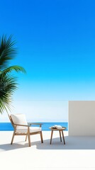 Naklejka premium A minimalist balcony with a soft beige aesthetic, reading chair, and blue sky view, photorealistic, isolated on white background