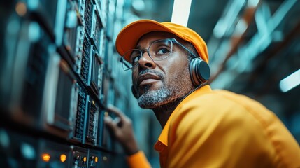 A tech specialist in an orange cap and glasses carefully inspects server equipment, showcasing the concentration and dedication integral to success in IT environments.