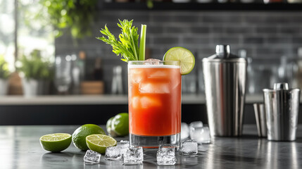 Close-up Bloody Mary Cocktail in Classic Style with Reddish-Orange Colors Representing Dark Countertop Ambiance
