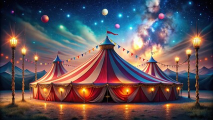 Vibrant circus tent illuminated at night with colorful lights and lanterns creating a magical atmosphere under starry skies, circus tent, colorful lights