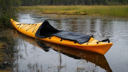 Fototapeta premium Yellow kayak with black cockpit cover moored in shallow calm water