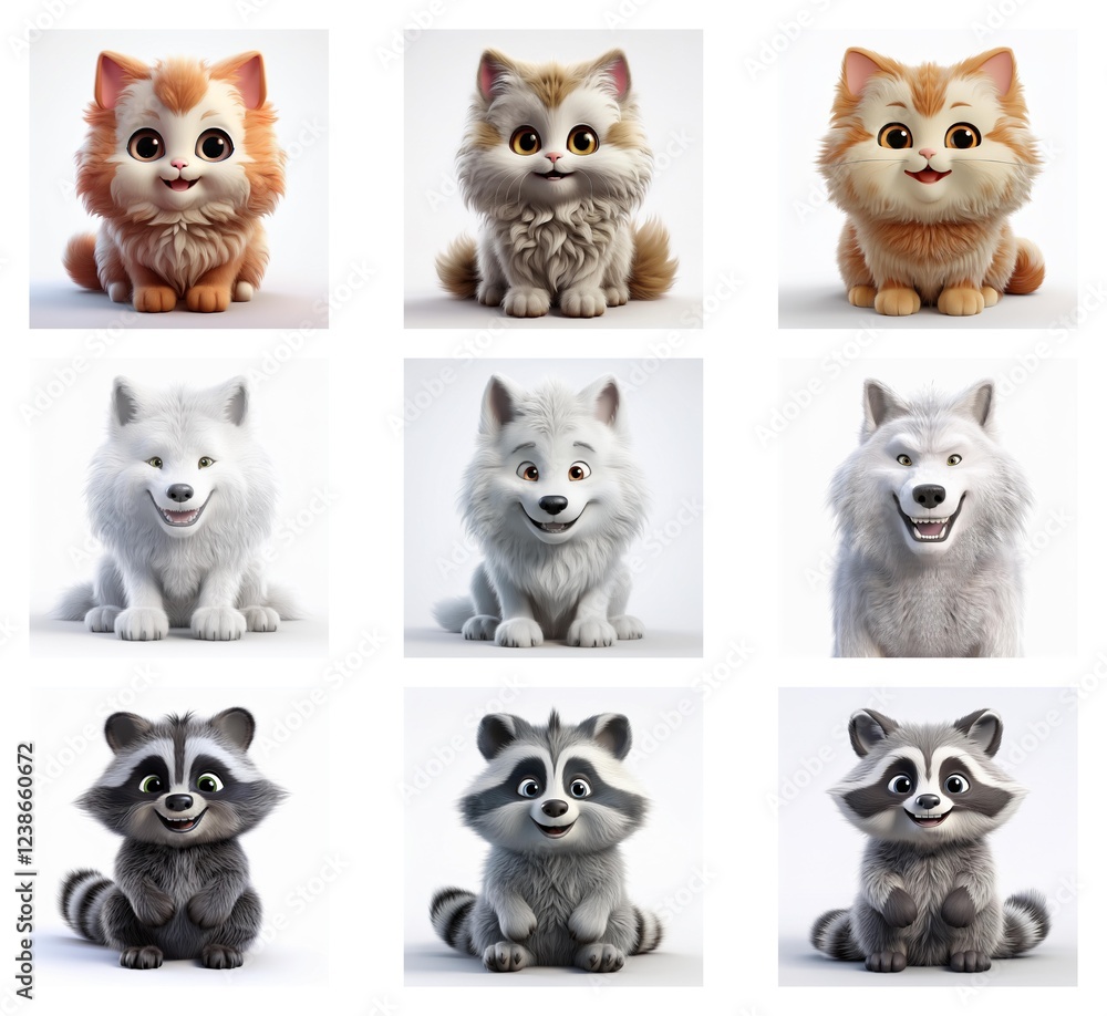 Poster adorable 3d renderings of fluffy kittens, arctic wolves, and raccoons in various poses. each animal 