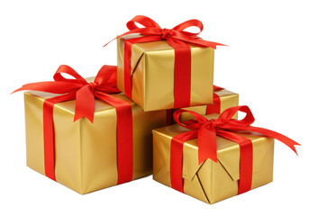 A set of three golden gift boxes, each wrapped with a vibrant red ribbon and bow, arranged in a stacked formation, isolated on a white background