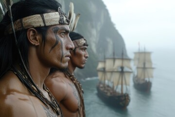 Native Americans watch as European ships approach their shores in 1492, marking a significant moment of cultural encounter and change in history. Tension fills the air as they stand vigilant