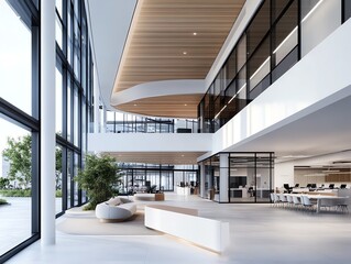 Fototapeta premium Office complex with contemporary courtyard design, openair meeting spaces, collaborative work environment, professional elegance