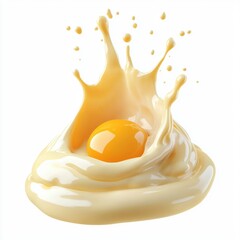 Smooth mayonnaise splash with soft peaks and egg yolks frozen in motion isolated on white background